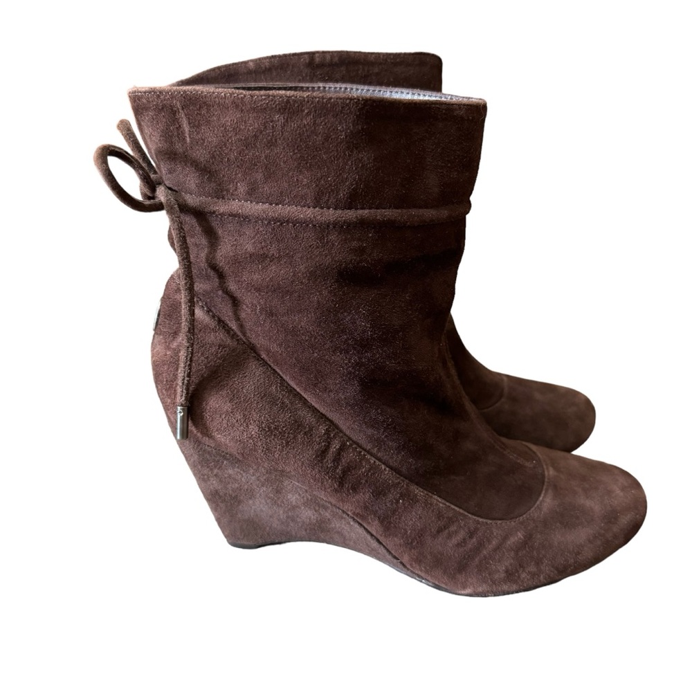 BCBG Suede Mixx Wedge Heel Ankle Booties in Dark Brown in Size US 6 / EU 36